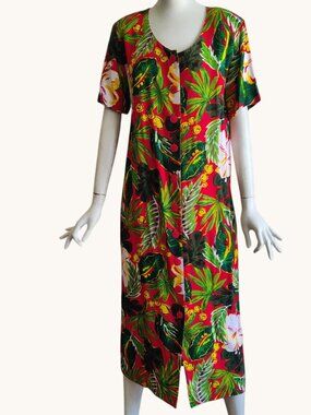 Vtg 90s Carol Anderson Tropical Floral Hibiscus Back Belt Maxi Rayon Dress M/L